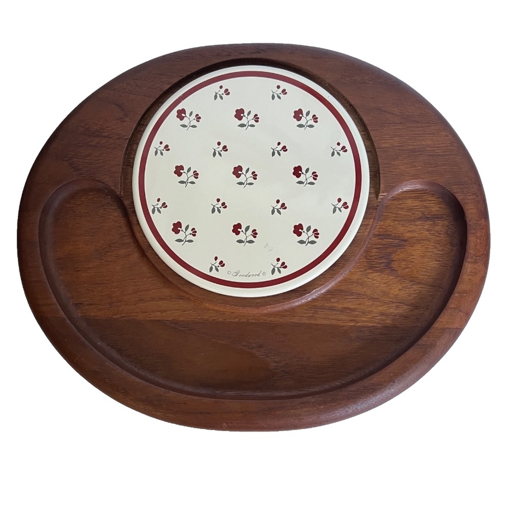 Vtg Goodwood Cheese Board Platter Charcuterie Serving Tray 70s Teak Floral Tile